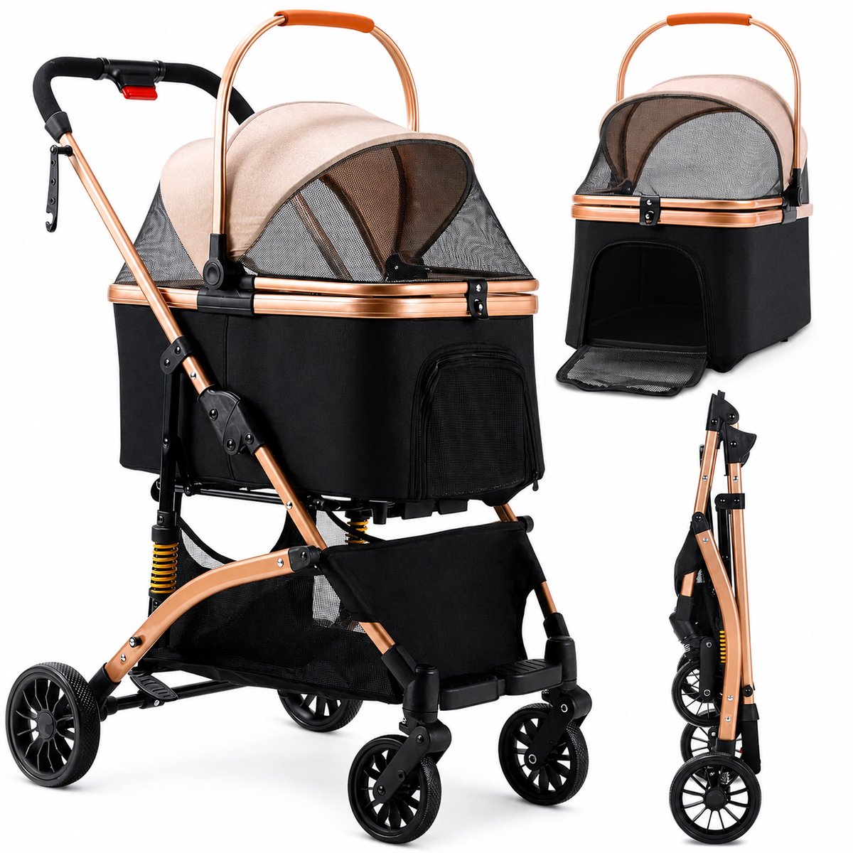 Sello! hondenbuggy en draagmand – hond – kat – transporttas – schokabsorptie – opvouwbaar – extra opbergruimte – zwart – goud