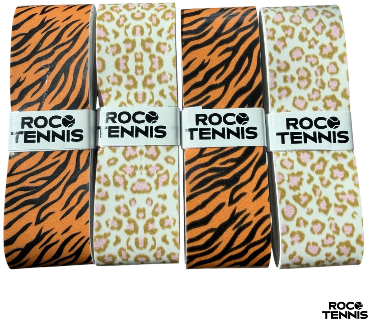 4 stuks | Roco Tennis Overgrips | Antislip | Dry | Zweetabsorberend | Uniek Patroon | Tennis | Padel | Badminton | Squash | Overgrip | Tennisgrips | Soft | Zacht | Panterprint | Tijgerprint