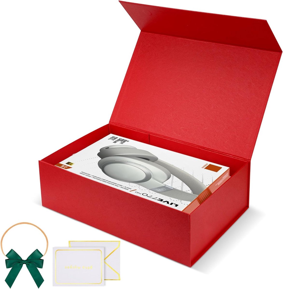 Luxe Cadeau Doos met Magnetische Sluiting, Grote Verpakkingsdoos met Lint en Papieren Snippers, Perfect voor Hoofdtelefoons en Accessoires (Rood)