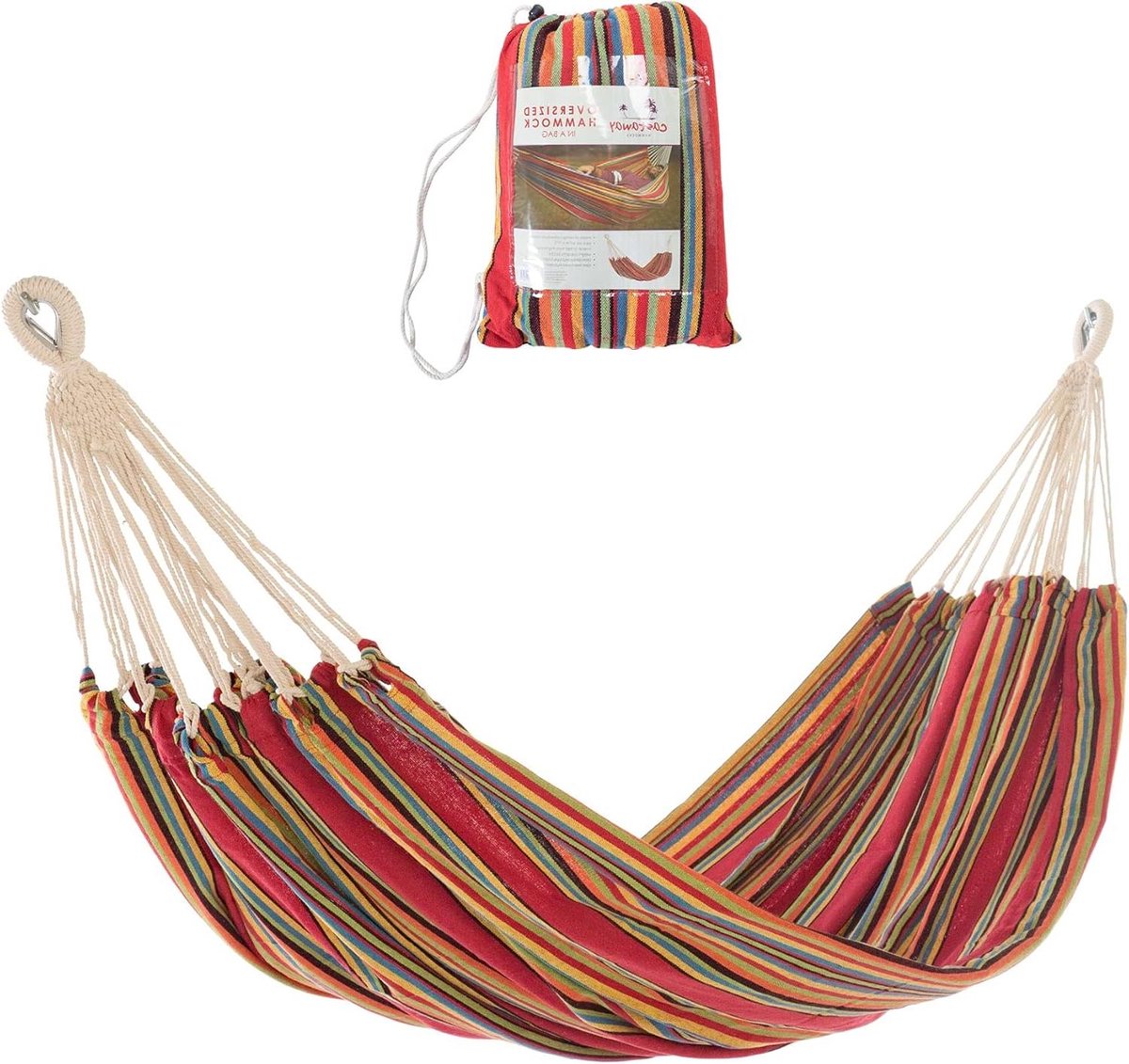 Dubbele Hangmat - Strandhangmat Kampeerhangmat - Ontspannen in de tuin - Ruim gestreept ontwerp - 330 cm - Rood veelkleurig