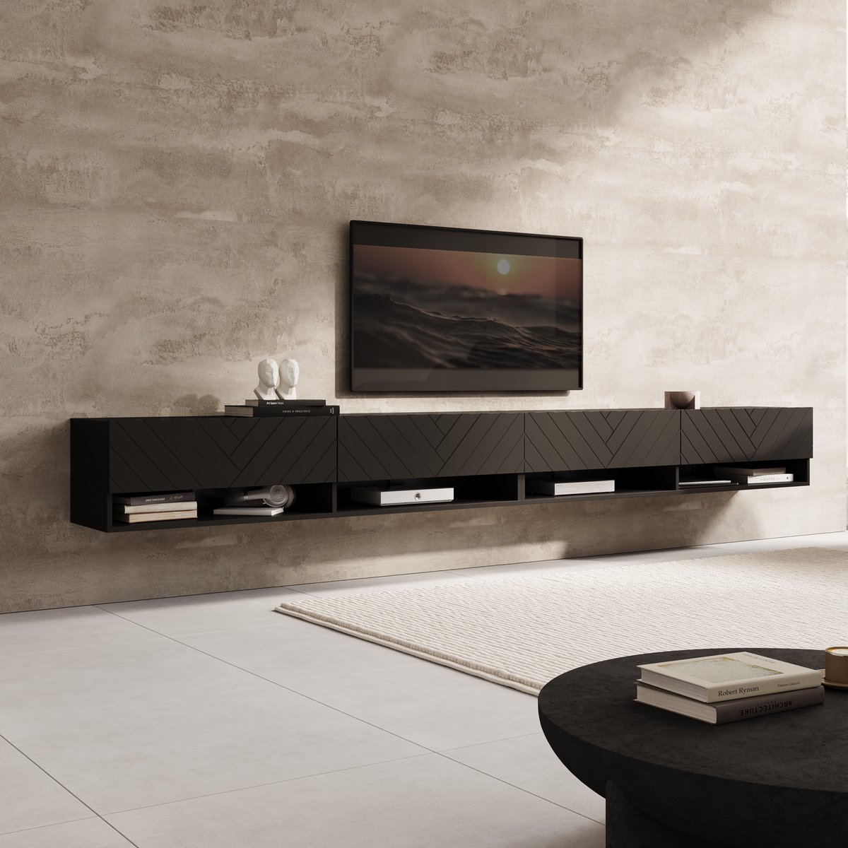 MEUBELLA TV-Meubel Asino - Zwart Visgraat - 280 cm