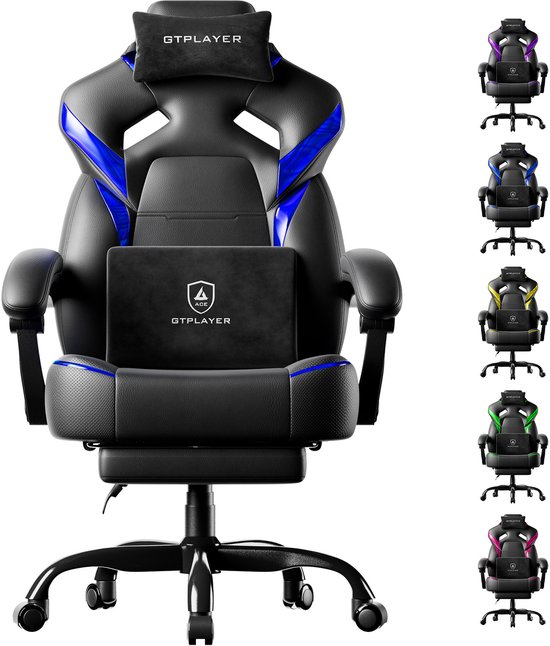 Zwarte GTPLAYER gamingstoel met blauwe accenten en voetensteun, met kleurensuggesties ernaast.