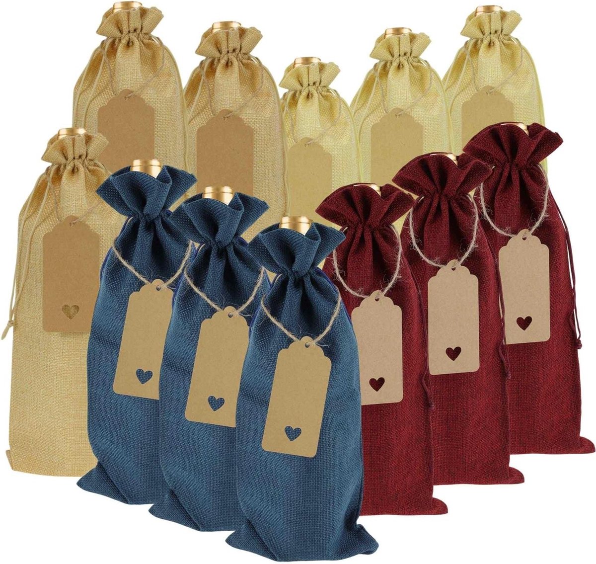 Linnen wijnzakken set van 12, herbruikbare cadeauzakjes voor wijnflessen met linten en etiketten, in blauw, wijnrood en beige