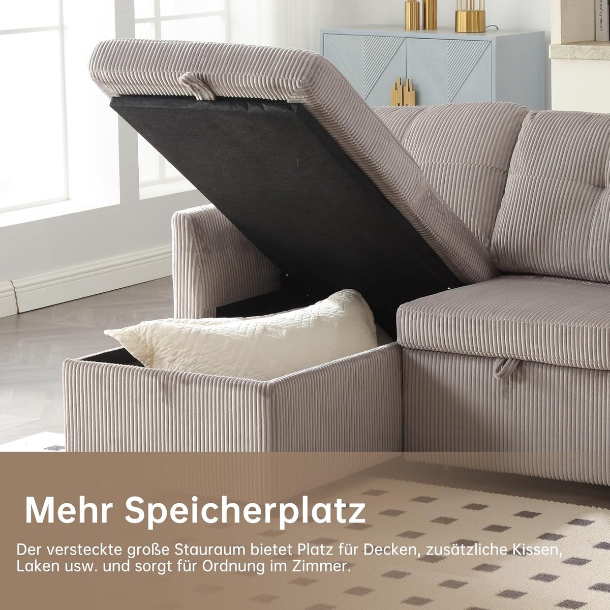 L-vormige slaapbank 3-zits – Arqam Luxe Convertible Hoekbank met Slaapfunctie, Uitschuifbaar Bed & Opbergruimte – Multifunctionele Sectionele Bank van Fluweel (Lichtgrijs, Modern Design)