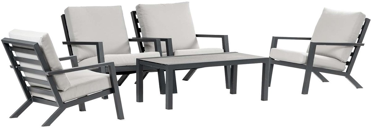 4x Bezano loungestoel | Off White + Loungetafel Bezano 120x60cm | Matt Black | Aluminium