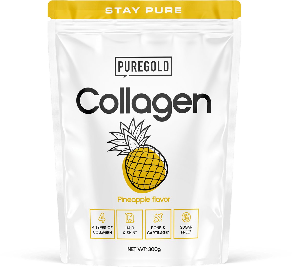 Pure Gold Collagen Rundercollageen Poeder – 300g – Ananas – 25 Porties – 4 Types Collageen met Vitamine C, A, Zink & Selenium