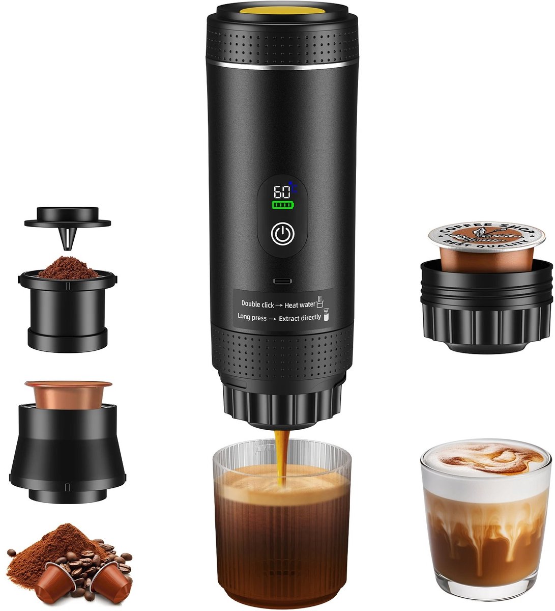 Stervia Draagbare Koffiemachine - Reiskoffiezetapparaat - Tot 5 Kopjes Koffie - Capsules En Poeder - USB C ingang - Zwart - 25 x 7,4 cm
