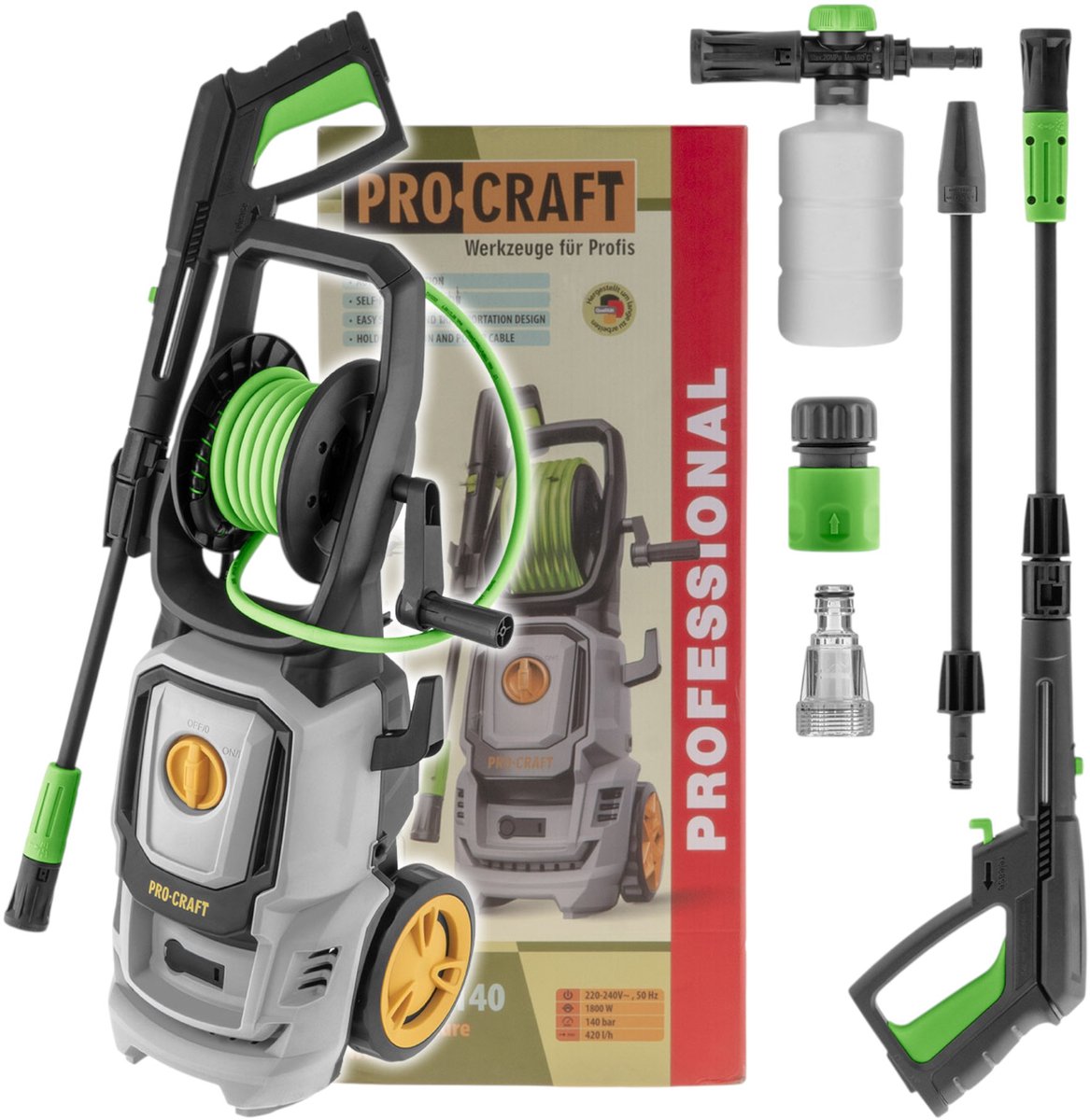 Procraft CW1.8/140 koudwaterhogedrukreiniger 1800 watt 140 bar 7 l/min + toebehoren - Max. watertemperatuur: 40 °C