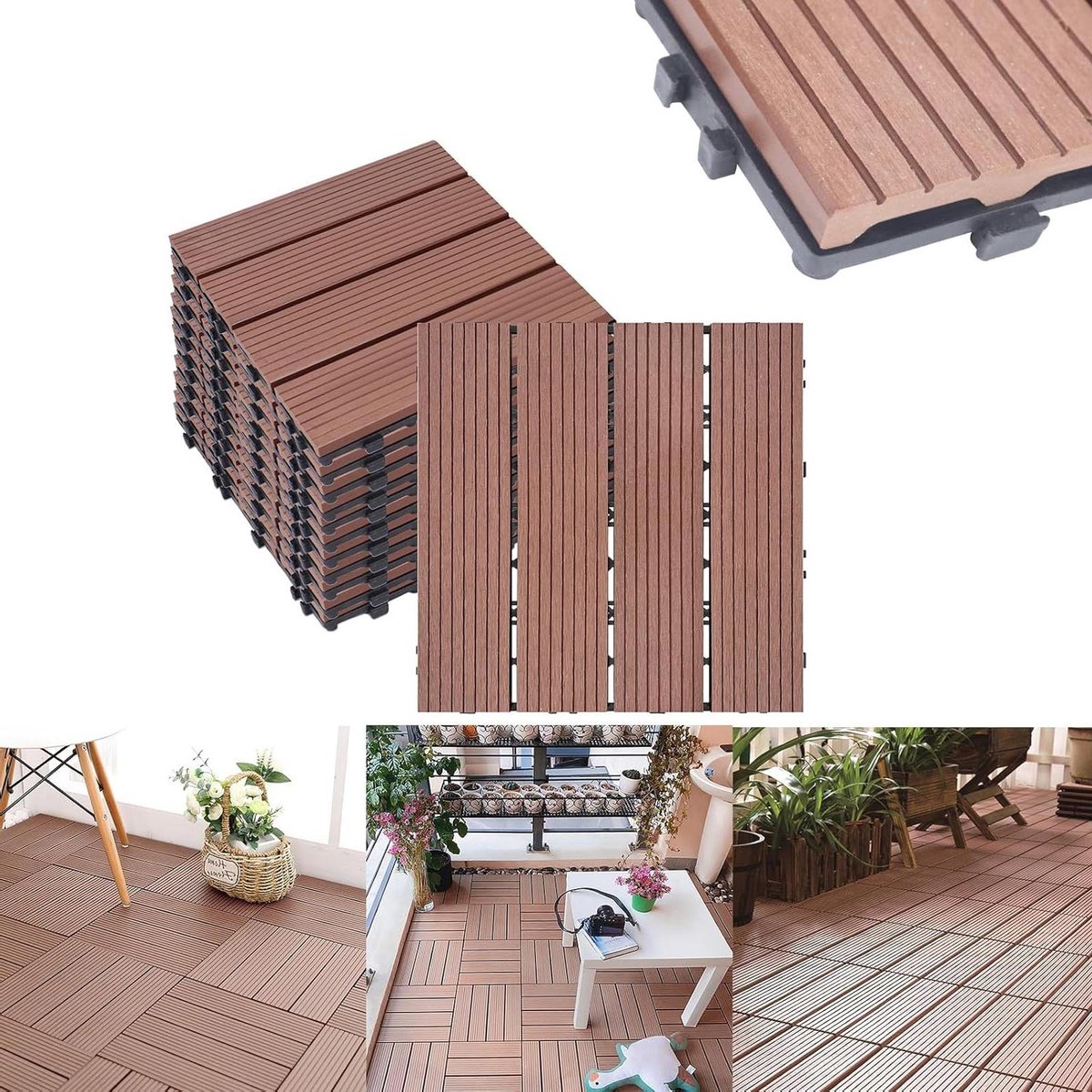 WPC Terrastegels - Kunststof Tegels Houtlook - Terras Aanleggen - Vorstbestendig Weerbestendig - 30 x 30 cm - Bruinrood
