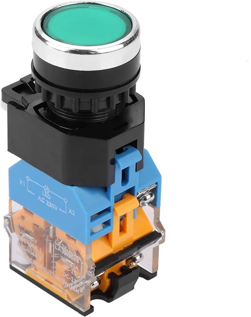 Allecto - Drukknopschakelaar - Momentschakelaar met LED Licht - Groene Platte Kop - 220V 10A - Voor diverse toepassingen - Compacte afmetingen