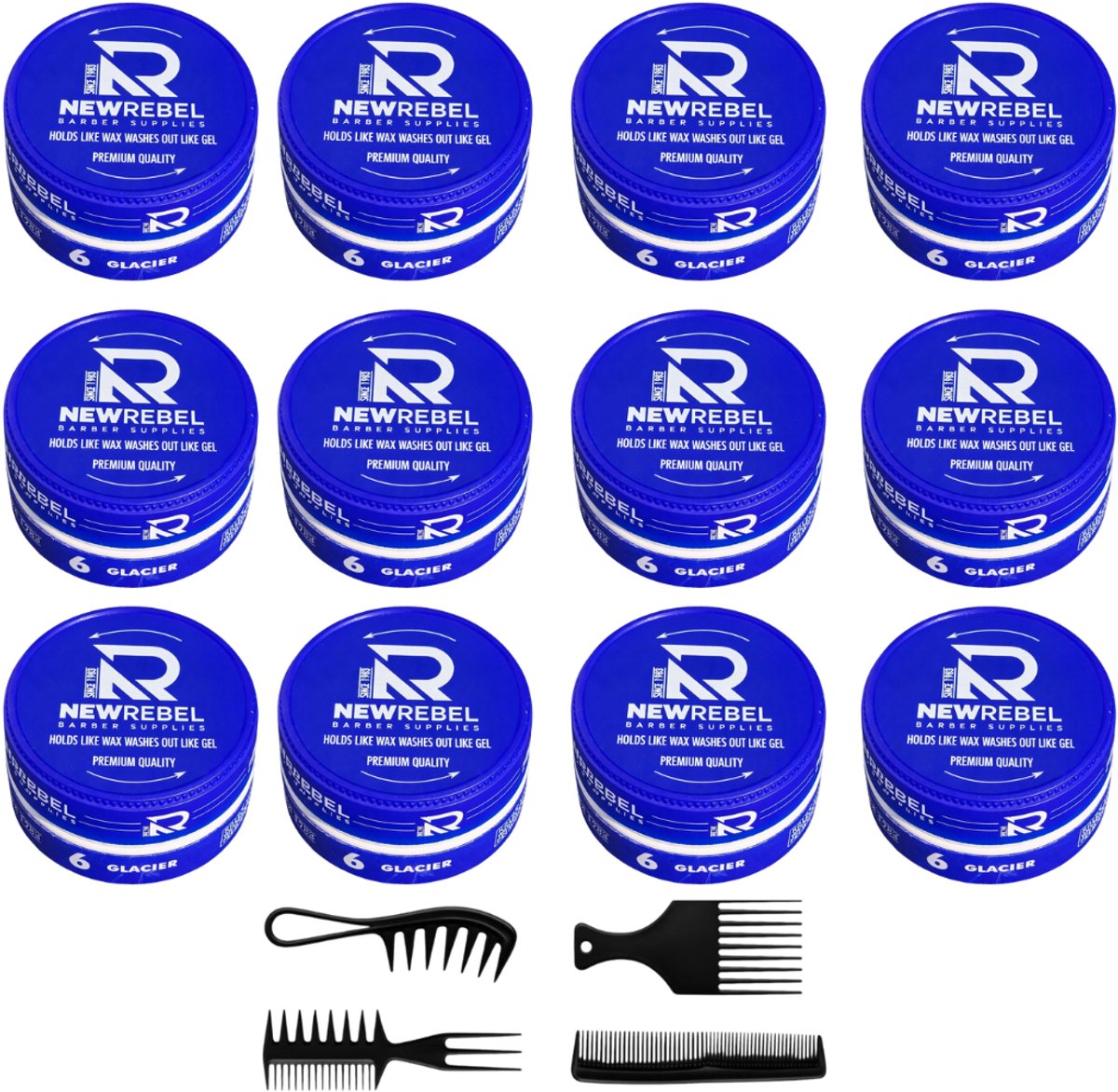 Newrebel 360 Waves Wax – Strong Hold Haarwax Pomade – Glacier Blauw – ( set van 12 ) + 4 styling kammen 1800 ML