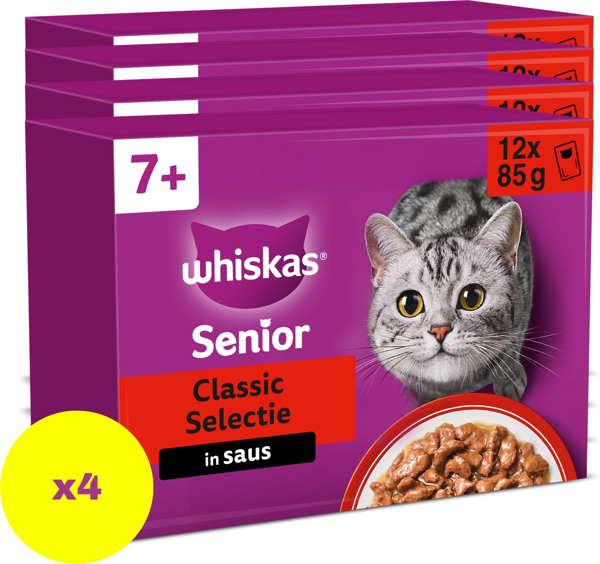 Whiskas 7+ Natvoer - Classic - Selectie in saus - maaltijdzakjes 48 x 85 g