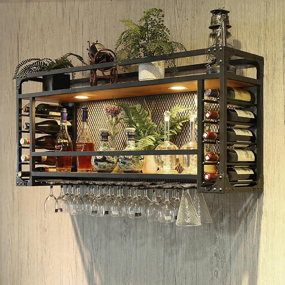 Wijnrek Met Ledverlichting - Bardisplay Flessenhouder - Wijn Opslag - 2 Spots - 120CM - Metaal