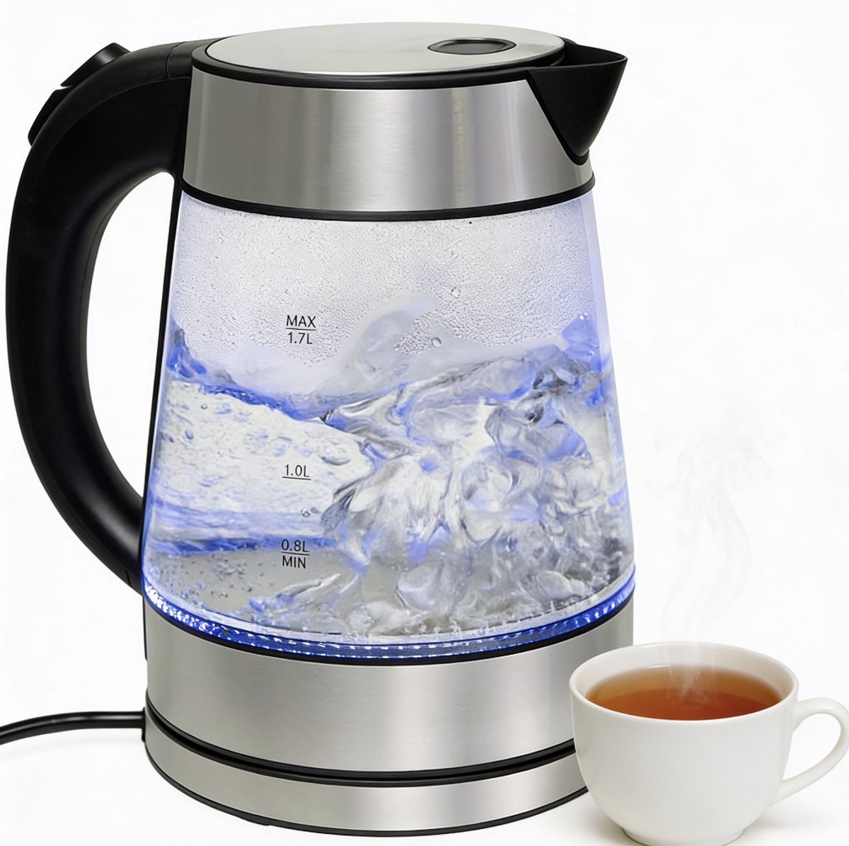 Waterkoker Glas 1,7L Snel Koken Met Stijlvol Design – Waterkoker Met Kalkfilter Voor Zuiver Water en Minder Aanslag – Elektrische Waterkoker 230V Met RVS Accenten en Duurzame Behuizing | Modern Zilver Design
