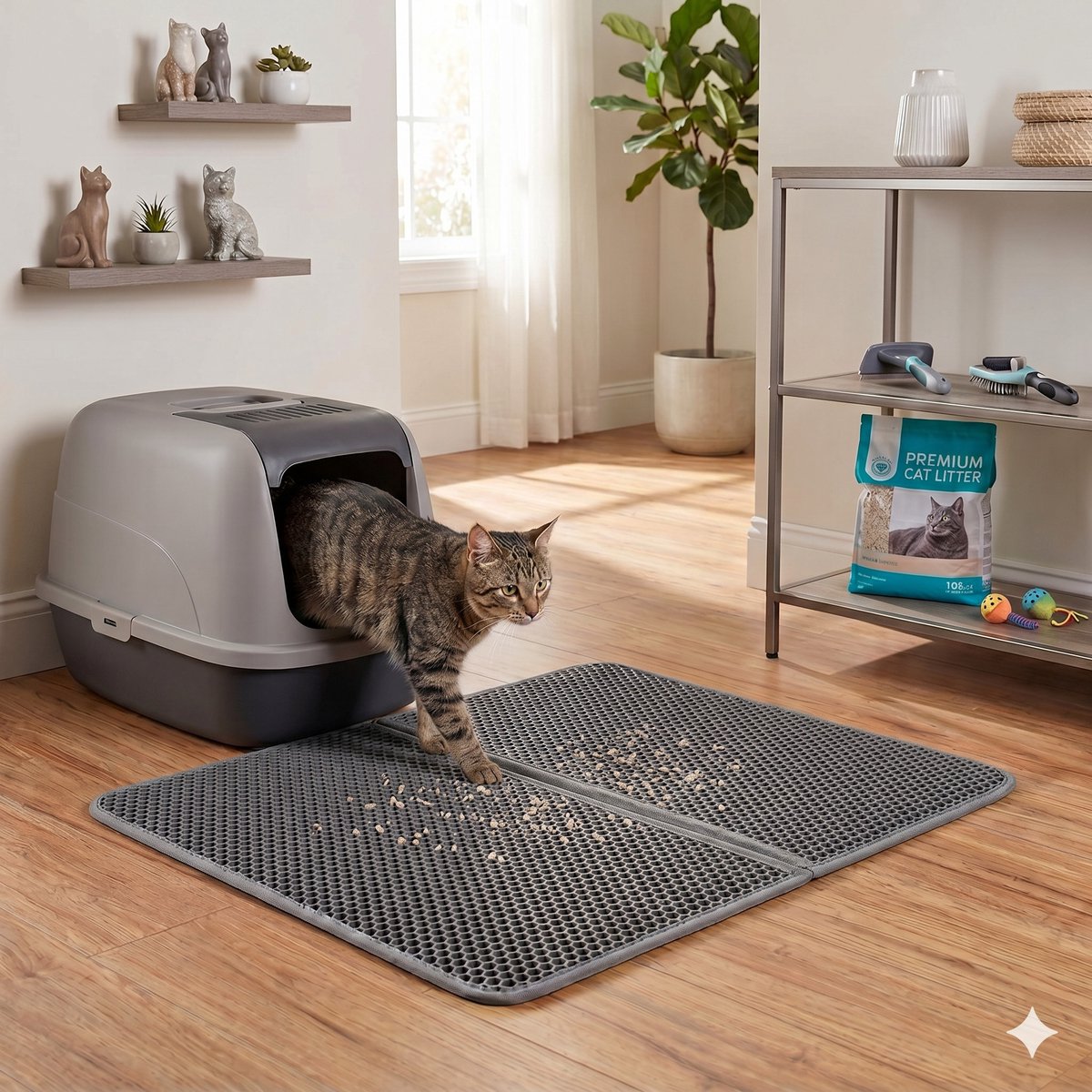 CenZ® Kattenbakmat, 58 x 33 cm, Kattenbakmat Grit Opvanger, Kattenbakonderlegger, LEREN ZOOL, Dubbellaags, Urine En Waterdicht EVA-Materiaal, Kattenpootdesign, Beschermt Vloer En Tapijt, Gemakkelijk Te Reinigen, Grijs