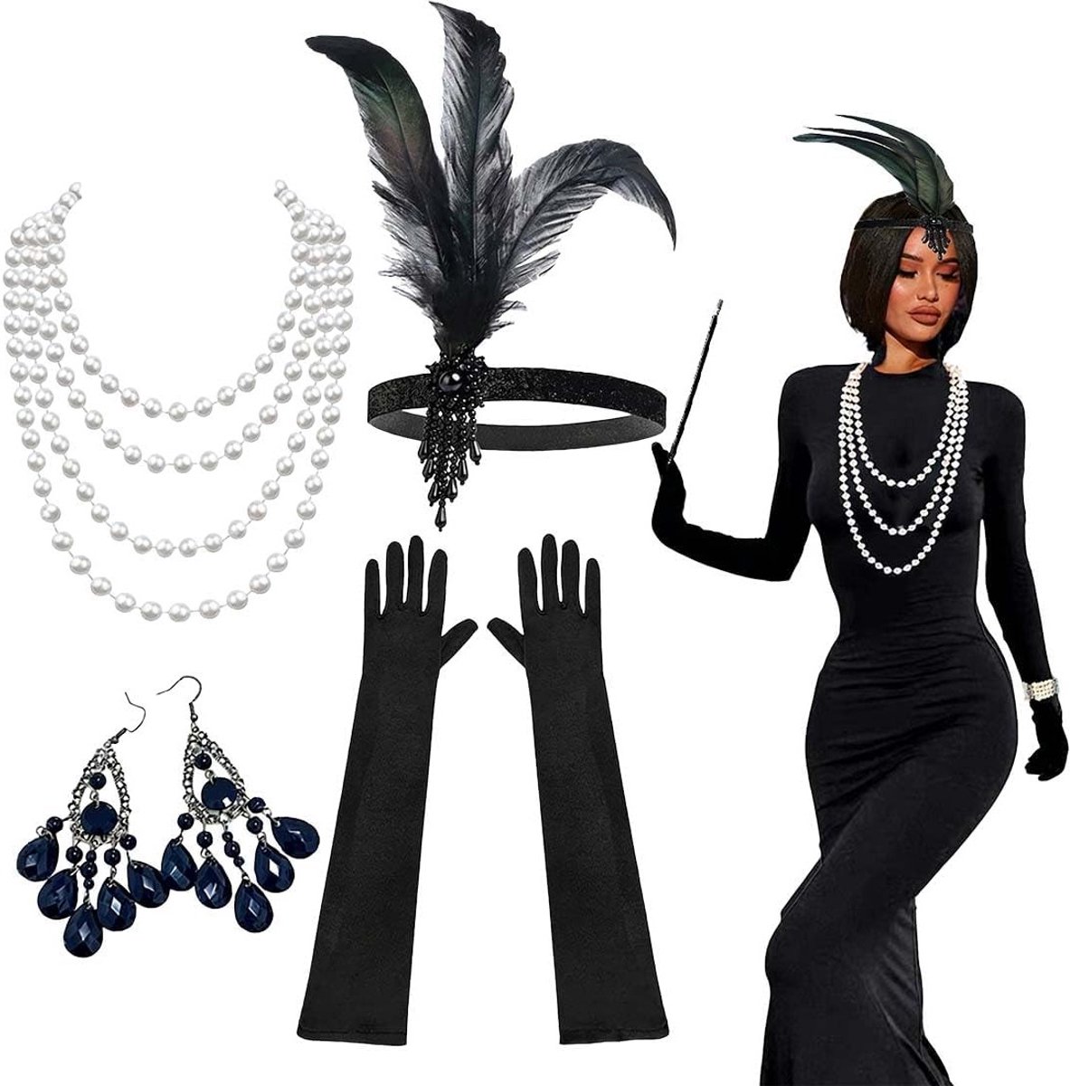 4-delige kostuumaccessoires voor dames, Gatsby en Charleston stijl, perfect voor maskerade, Halloween en feestelijke gelegenheden