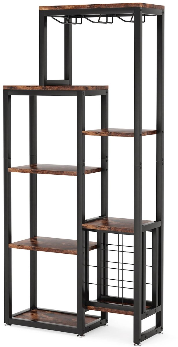 Velmio Wijnrek - 5 Laags - Met Glazen Houder En Wijnopslag - Wijnrek Metaal - Staand - 80 × 30 × 175 cm - Bruin/Zwart