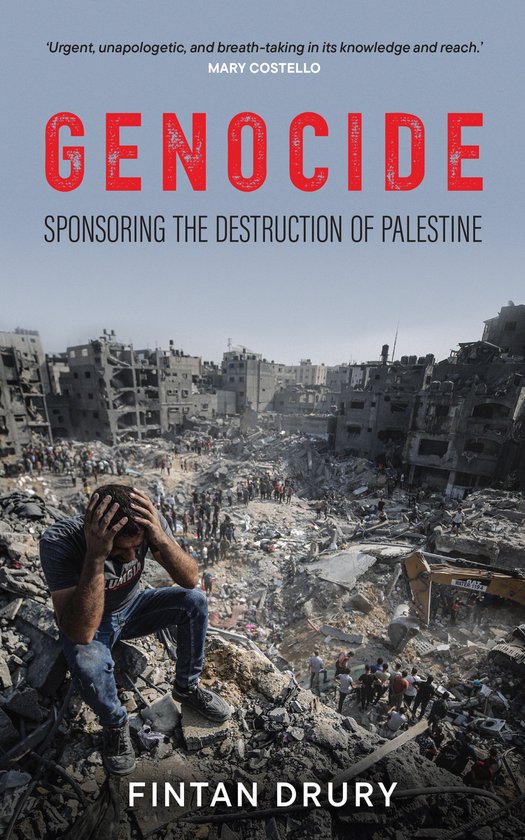 Boekomslag 'Genocide' met een man die zijn hoofd vasthoudt te midden van verwoeste gebouwen. Tekst: 'GENOCIDE SPONSORING THE DESTRUCTION OF PALESTINE'.