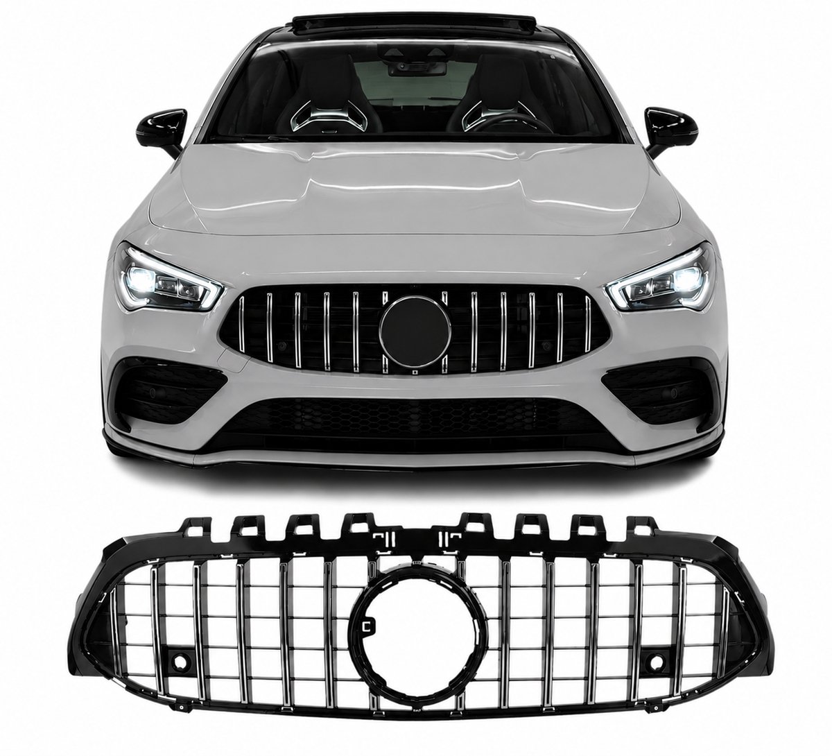 Grill Geschikt voor Mercedes A-Klasse W177/V177 Facelift (2018-2023) – Chrome/Gloss Black – Zonder Frontcamera