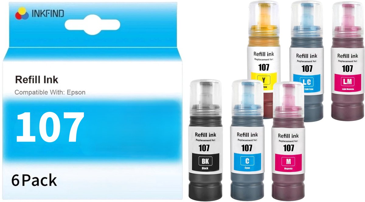 INKFIND 107 inkt geschikt voor Epson107 Epson 107 C13T09B140 C13T09B240 C13T09B340 C13T09B440 540 6-kleuren (BK/C/M/Y/LC/LM) multipack voor Epson EcoTank ET-18100 L18050 L8050 L8100 C13T09C14A C13T09C24A C13T09C34A C13T09C44A C13T09C54A C13T09C64A