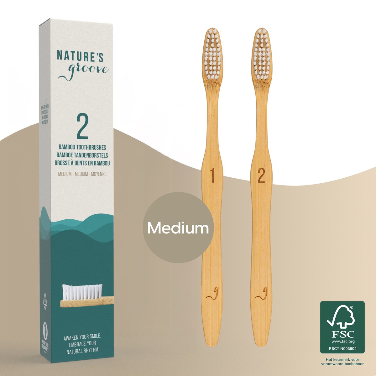 Nature's Groove® Bamboe Handtandenborstels Medium - Set van 2 - Handmatige Houten Tandenborstel