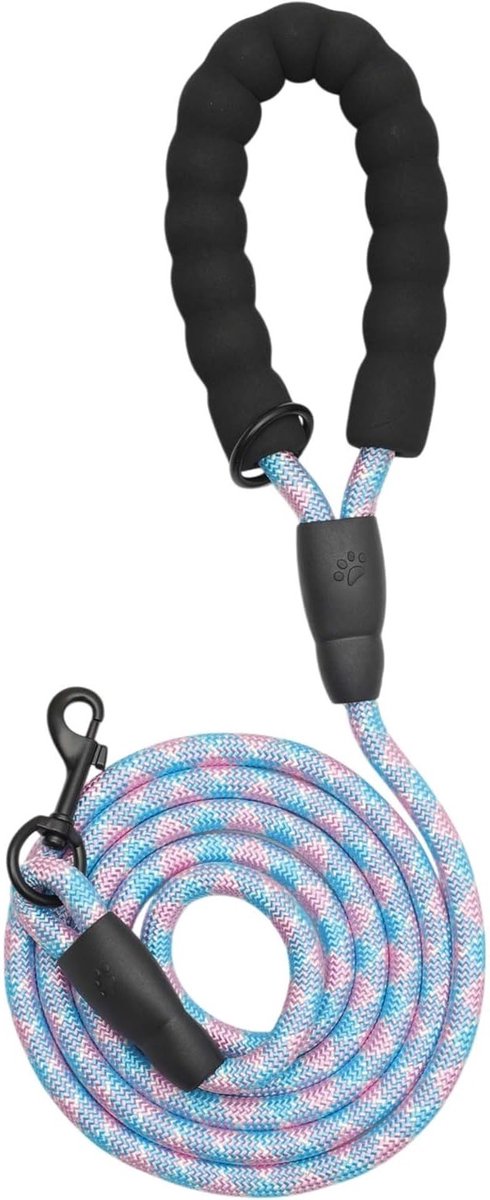 Comfortabele Hondenriem met Gevoerde Handgreep en Reflecterende Draad voor Training en Wandelen, Geschikt voor Kleine, Middelgrote en Grote Honden, 2m x 10mm, Roze en Blauw