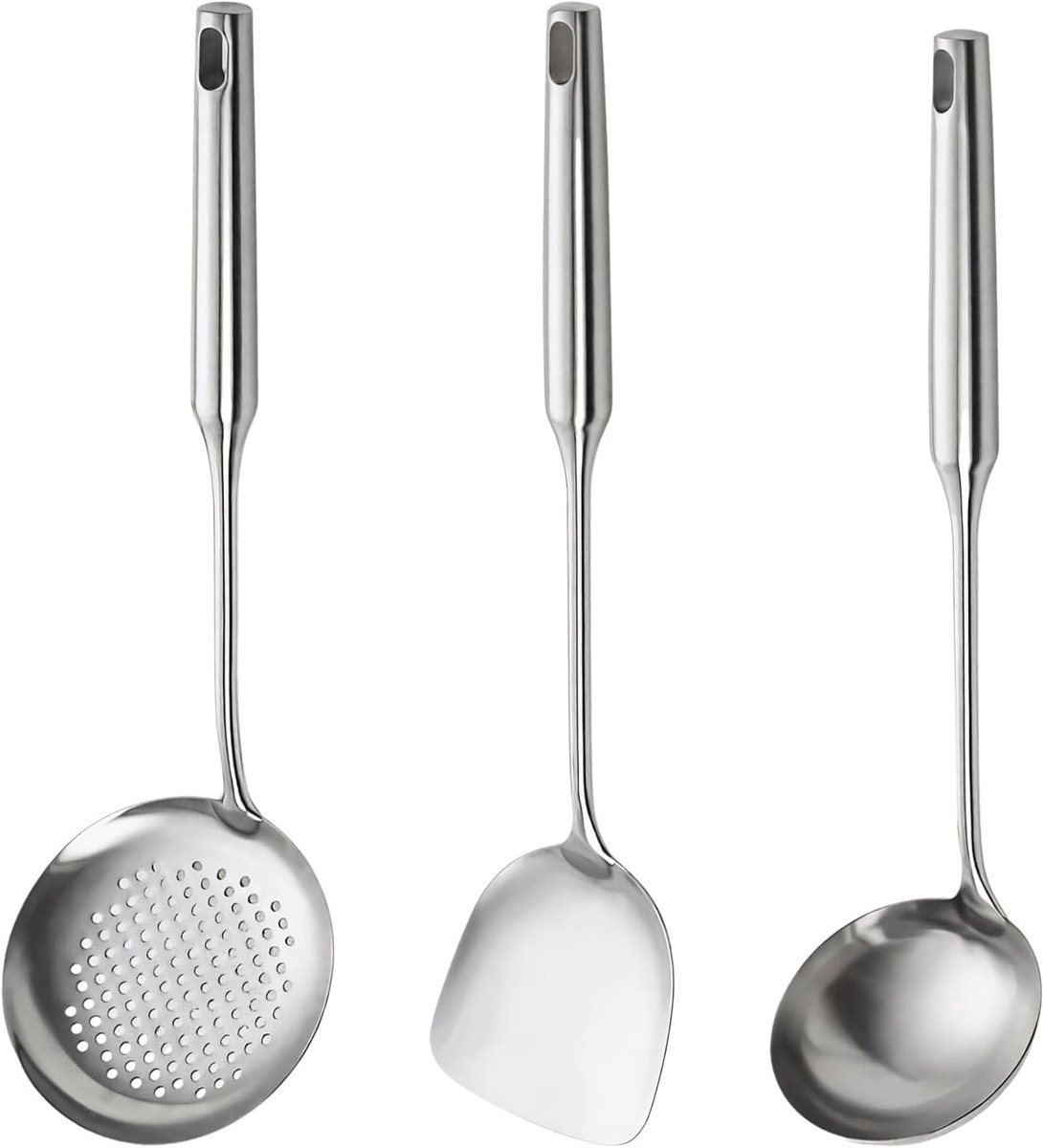 Set van 3 RVS Wok Spatels, Duurzaam Keukengerei met Lange Handgreep, Makkelijk te Reinigen en Vaatwasserbestendig
