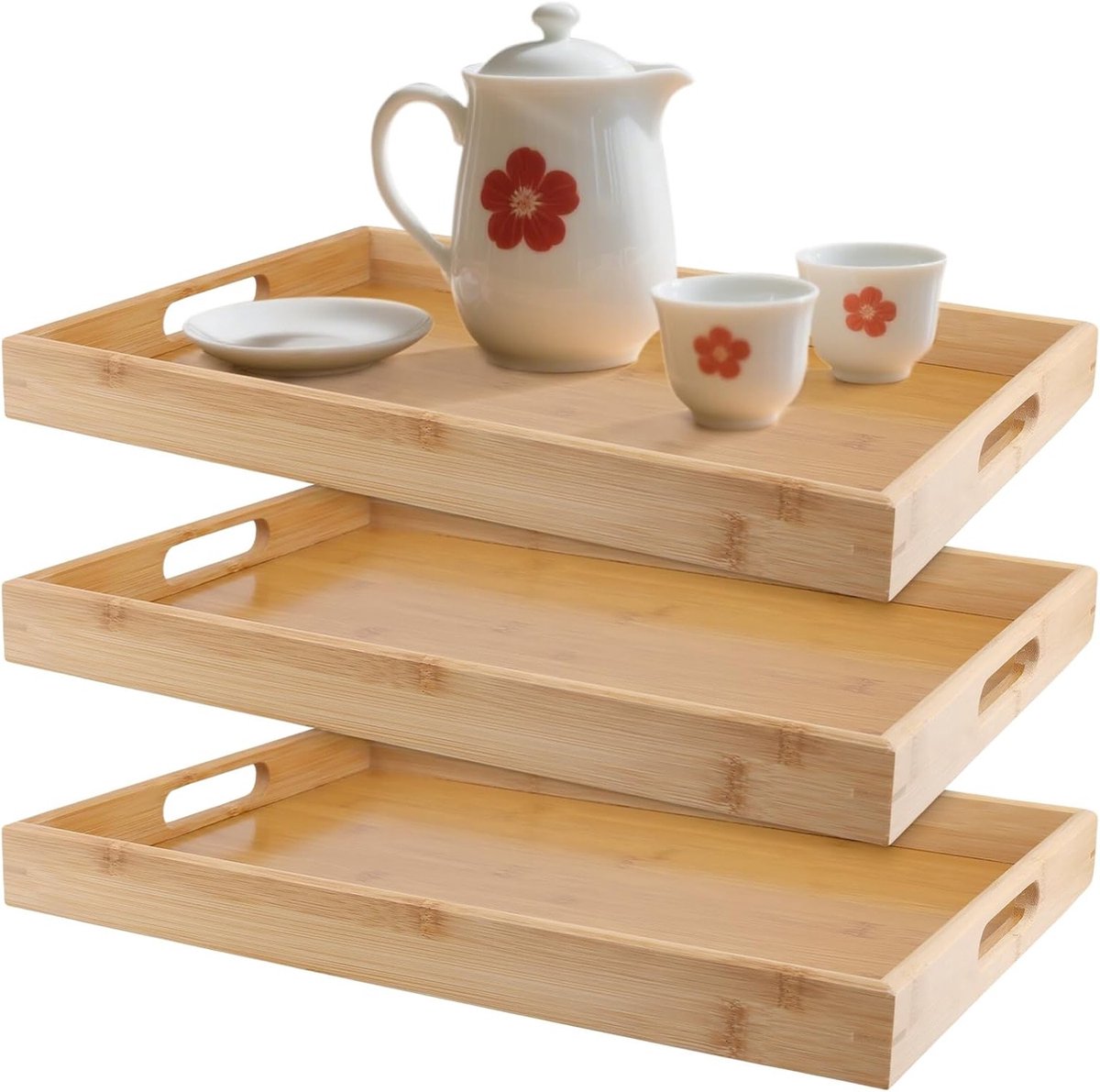 Set van 3 rechthoekige bamboe dienbladen met handgrepen, ideaal voor ontbijt, thee en koffie serveren, 41 x 29 x 5 cm