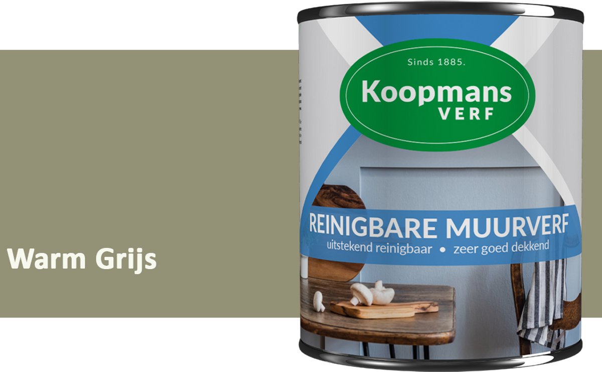 Koopmans Reinigbare Muurverf – Afwasbare Schrobvaste Muurverf Binnen – Mat – Voor Keuken, Woonkamer & Kinderkamer – Warm Grijs – 1 l