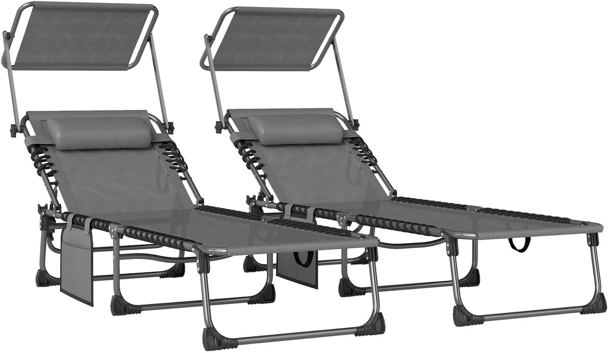 BRANZILO Verstelbare tuinstoelen - Tuinstoelen set 2 stuks - 360° Verstelbaar Zonnedak - Compact opvouwbaar - Donkergrijs