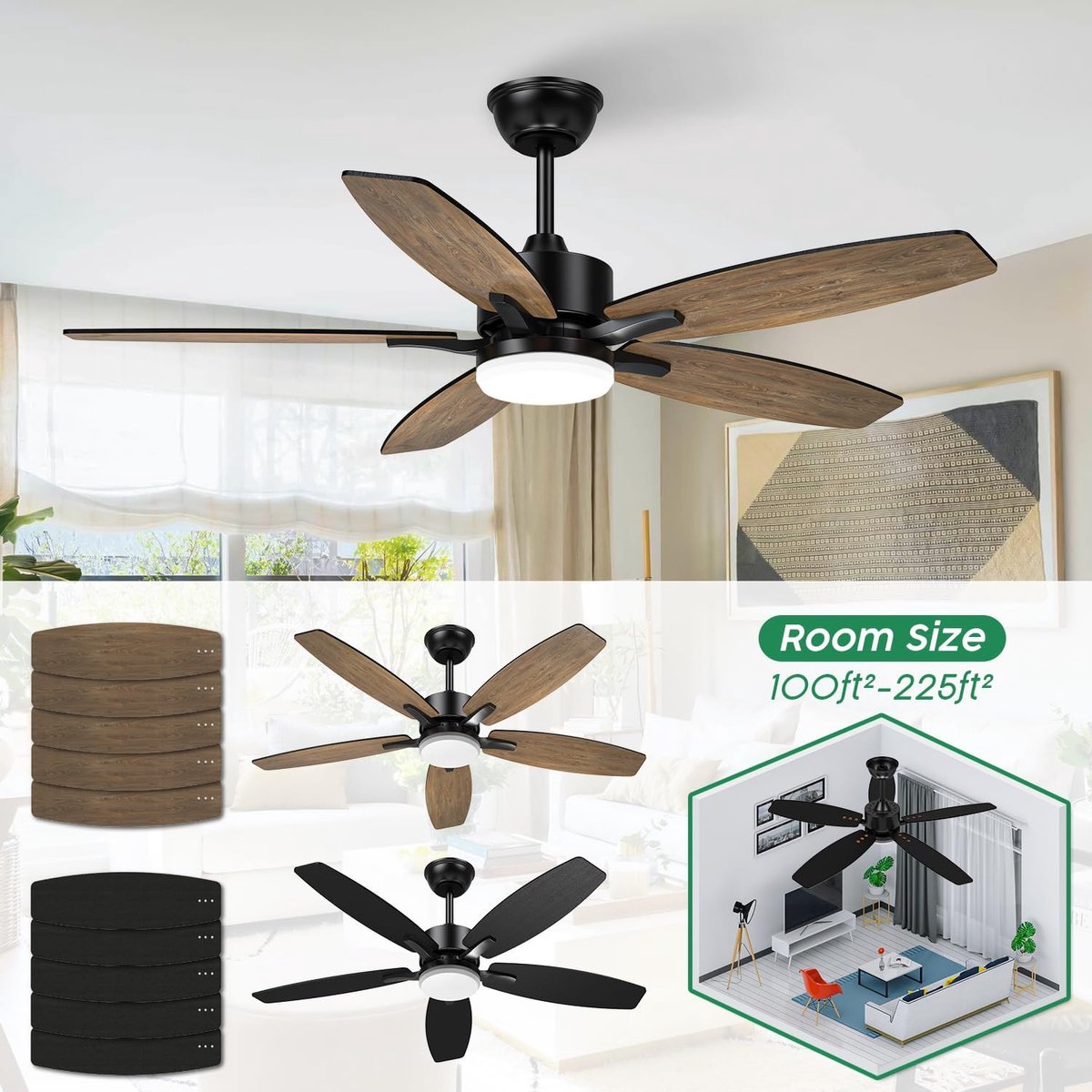 Plafondventilator met verlichting - Met Afstandsbediening - stille ventilator - 106 cm - plafondventilatoren - met 5 houten ventilatorbladen - houtnerf/zwart - voor slaapkamer en woonkamer – foto 3