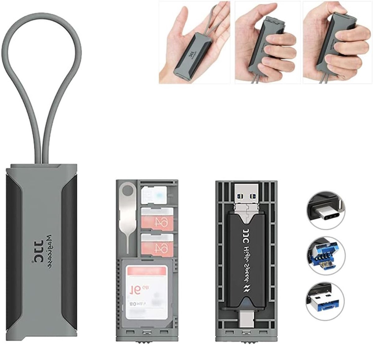 Georganiseerde Geheugenkaart Reisetui met USB 3.0 Kaartlezer en Kaartverwijder Tool voor SD, TF/MSD en Nano SIM - Grijs