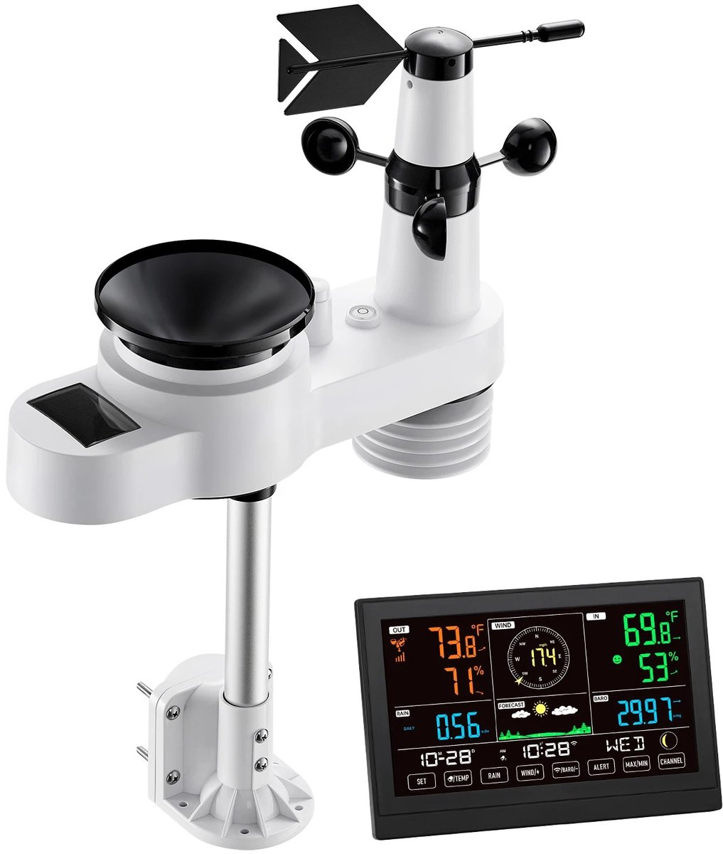 M-Goods - Weerstation Draadloos met WiFi - Regenmeter Digitaal - 5-in-1 Weerstation - Solar Sensor - 7.5 Inch Display