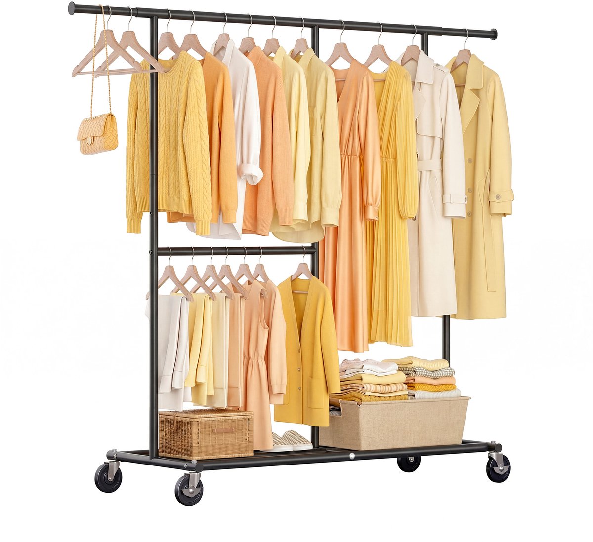 HOKEEPER Zwart Zwaar Kledingrek op Wielen–2-laags met onderrek, Verstelbare lengte 118-178cm, 150 kg draagvermogen (90 kg plank), 4 wielen met rem, Montage zonder gereedschap