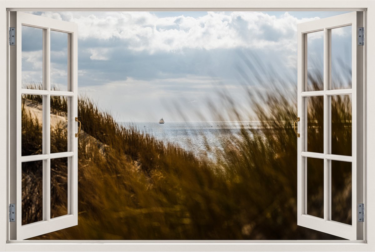 Tuinposter Ameland met raam effect – uitzicht op duinen en zee – 120x80 cm tuindoek voor buiten – landelijke schutting decoratie – UV & weerbestendig