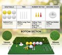 Overzicht van golfaccessoires: gele en witte ballen, witte en rode tees, rubberen tee pad.