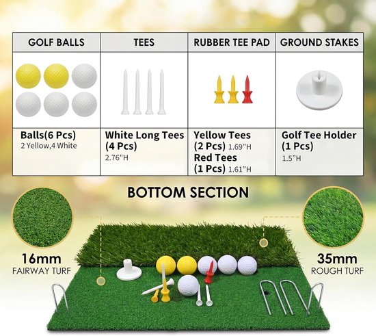 Overzicht van golfaccessoires: gele en witte ballen, witte en rode tees, rubberen tee pad.