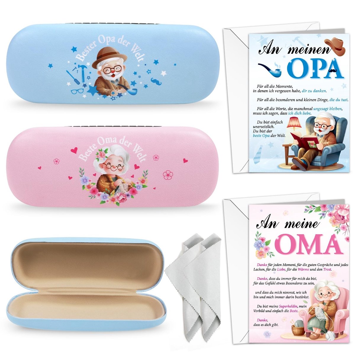 Dailygoody - Brillenkoker voor Oma en Opa - Cadeau voor Grootouders - Blauw en Roze - Geschenken voor Verjaardag en Feestdagen - Inclusief Kaarten