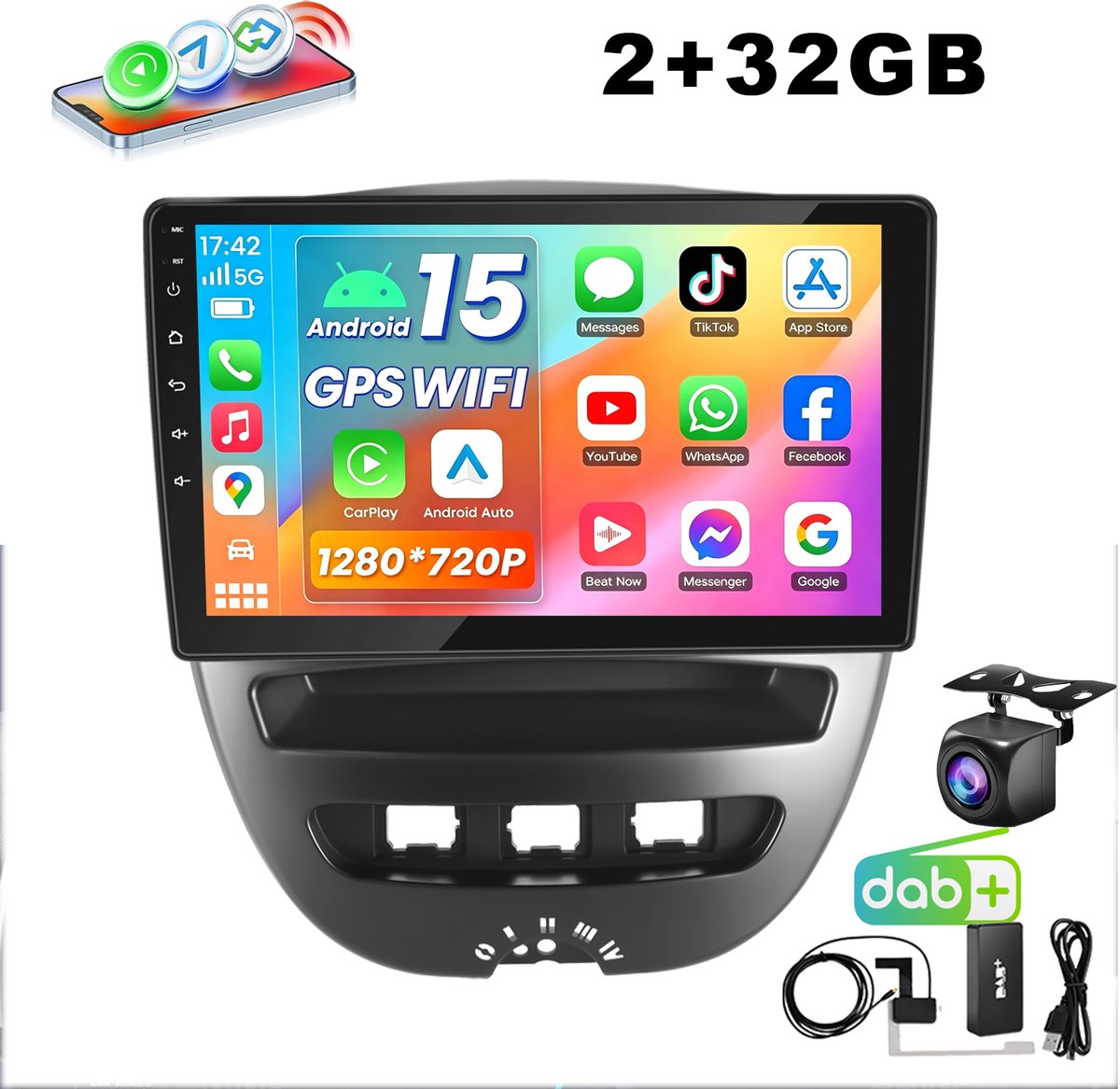 ESSGOO Carplay Autoradio Geschikt Voor Toyota Aygo/PEUGEOT 107/Citroen C1 2005-2014 - Android 15 - Draadloos Apple Carplay & Android Auto - 2GB + 32GB - 4 Core processor - Bluetooth & Wifi GPS Navigatie - DAB+ Achteruitrijcamera