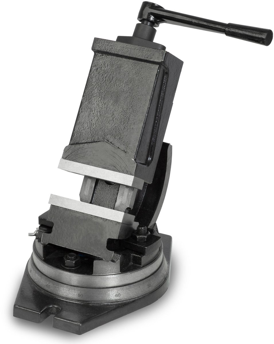 EBERTH machineklem, draaibaar en kantelbaar, gemaakt van gegoten staal, max. klembreedte 80 mm, bekbreedte 100 mm, klem voor boormachine, kantelbaar 0°-90°, 360° draaibaar