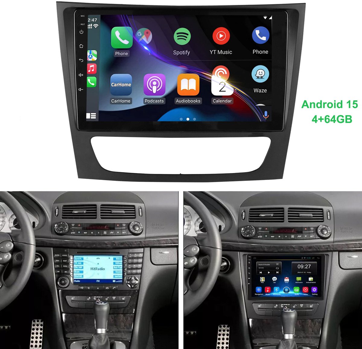 ESSGOO Autoradio - geschikt voor Mercedes-Benz E-Class W211 CLS-Class W219 - Draadloze CarPlay & Android Auto - Android 15 - 4 + 64 G - GPS-Navigatiesystem - Bluetooth Wifi FM SWC RDS