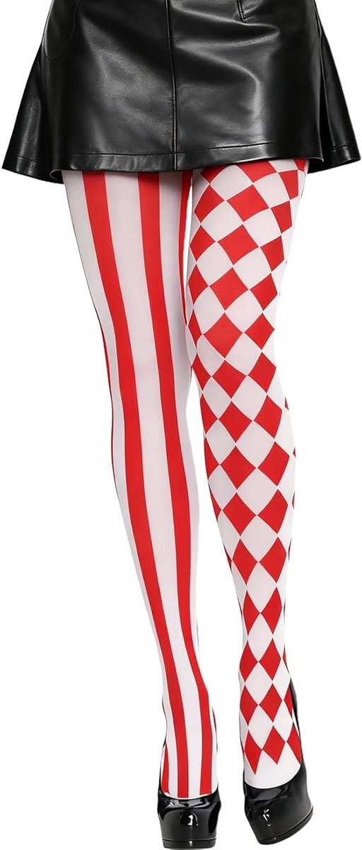 Carnaval Kostuum voor Dames - Harlekijn Outfit met Zwarte en Witte Accenten, Over de Knie Kousen en Accessoires voor Clowns en Pantomime