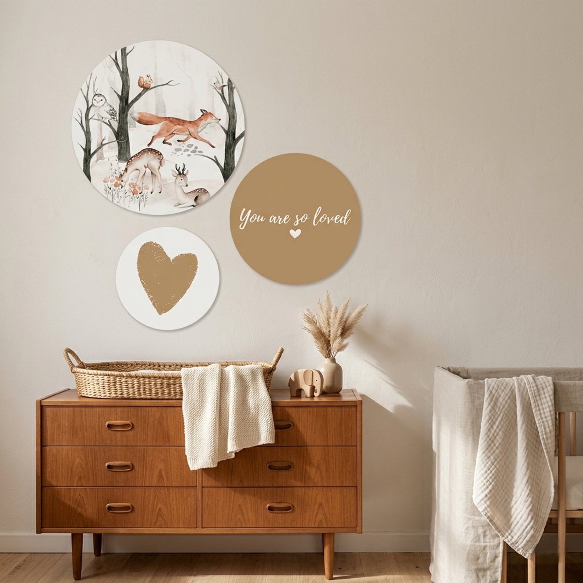 Muurcirkel bosdieren - babykamer decoratie - wandcirkel baby - set van 3 cirkels - muurstickers natural