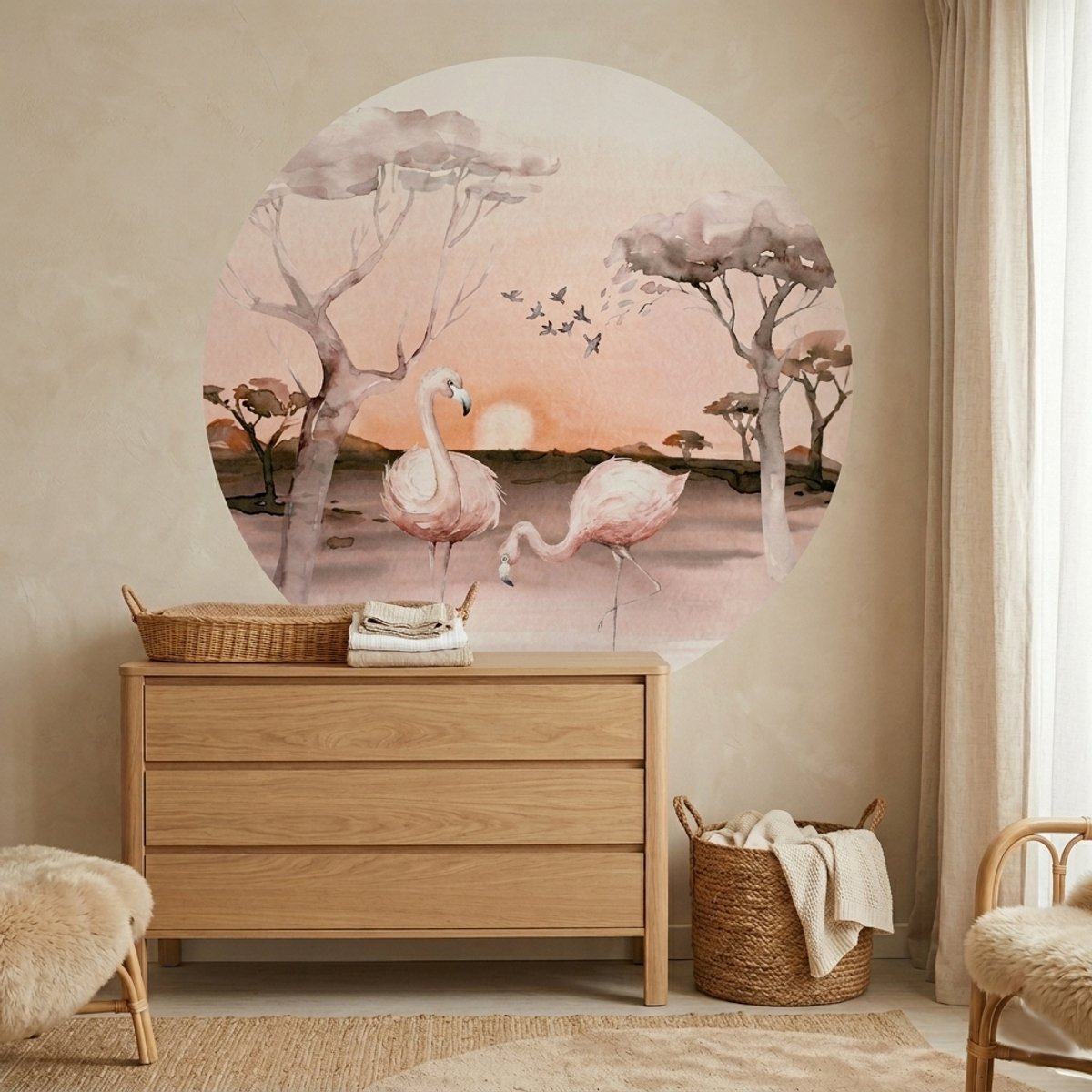 Muurcirkel african sunrise Flamingo - jungle - muurstickers babykamer - kinderkamer - roze - behangcirkel - Meisjeskamer - 100cm sticker