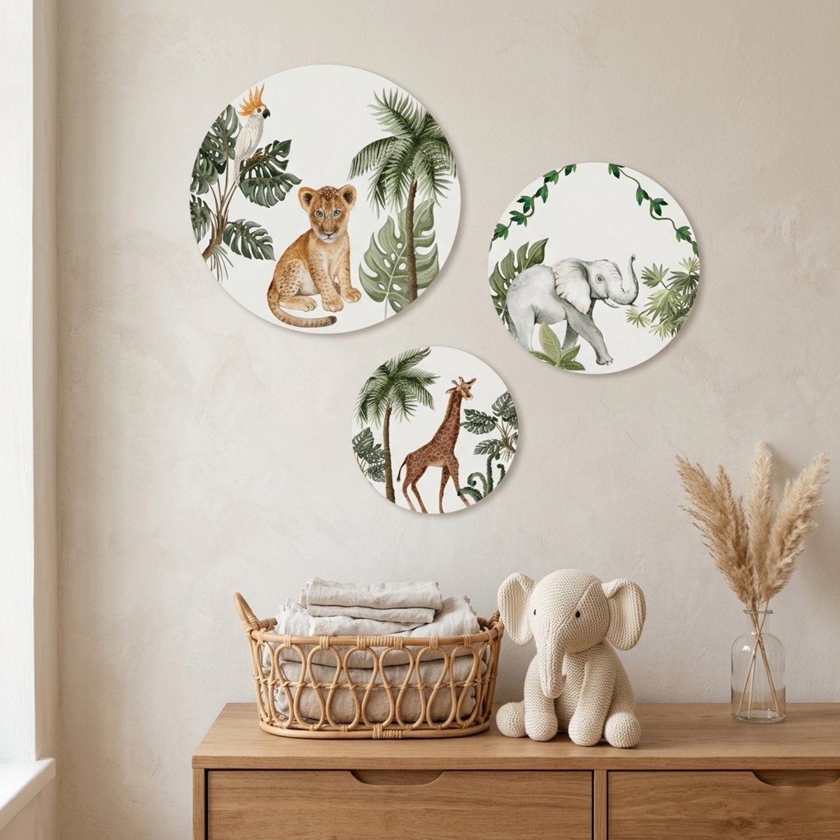 Muurcirkel jungle dieren - babykamer decoratie - versiering - wandcirkel baby - set van 3 cirkels