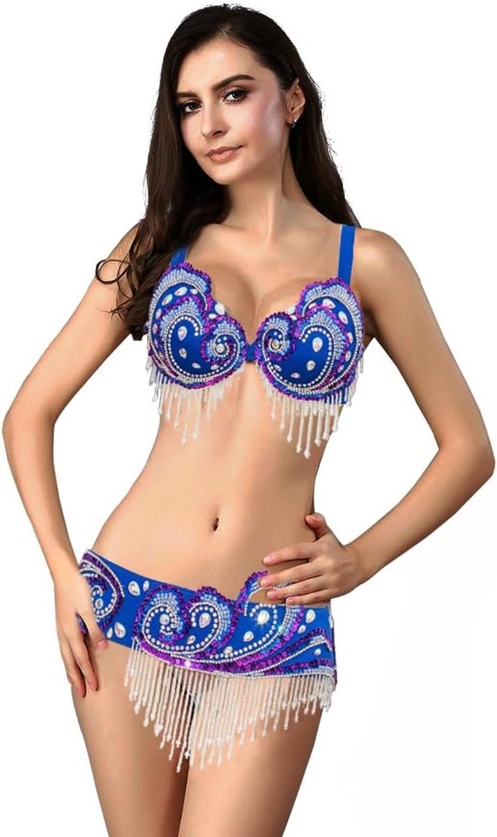 Belly Dance Kostuum voor Vrouwen met Beha en Ceintuur, Parelversiering voor Oriëntaalse Dans, Donkerblauw S