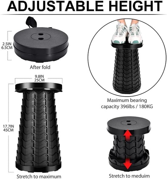 Draagbare opvouwbare kruk - Draagvermogen tot 180 kg - Uitschuifbare plastic opvouwbare kruk - Lichtgewicht en extra stevig - Geschikt voor kamperen, vissen, wandelen, barbecue, binnen en buiten, keuken - Zwart — afbeelding 5
