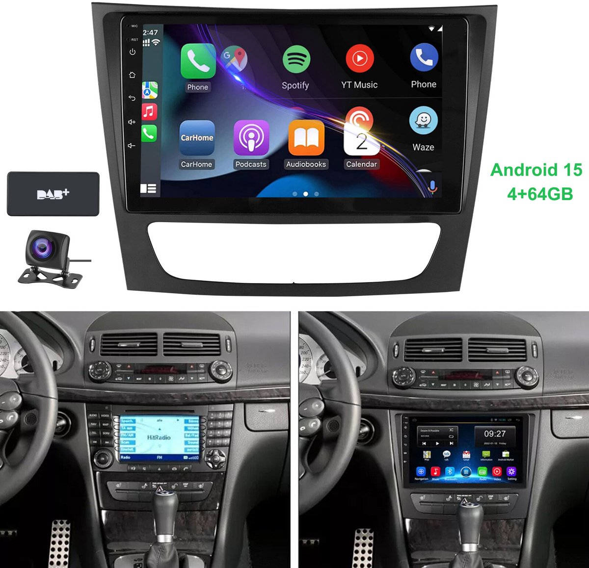 ESSGOO Autoradio - geschikt voor Mercedes-Benz E-Class W211 CLS-Class W219 - Draadloze CarPlay & Android Auto - Android 15 - 4 + 64 G - GPS-Navigatiesystem - Bluetooth Wifi FM SWC RDS -Achteruitrijcamera - DAB+