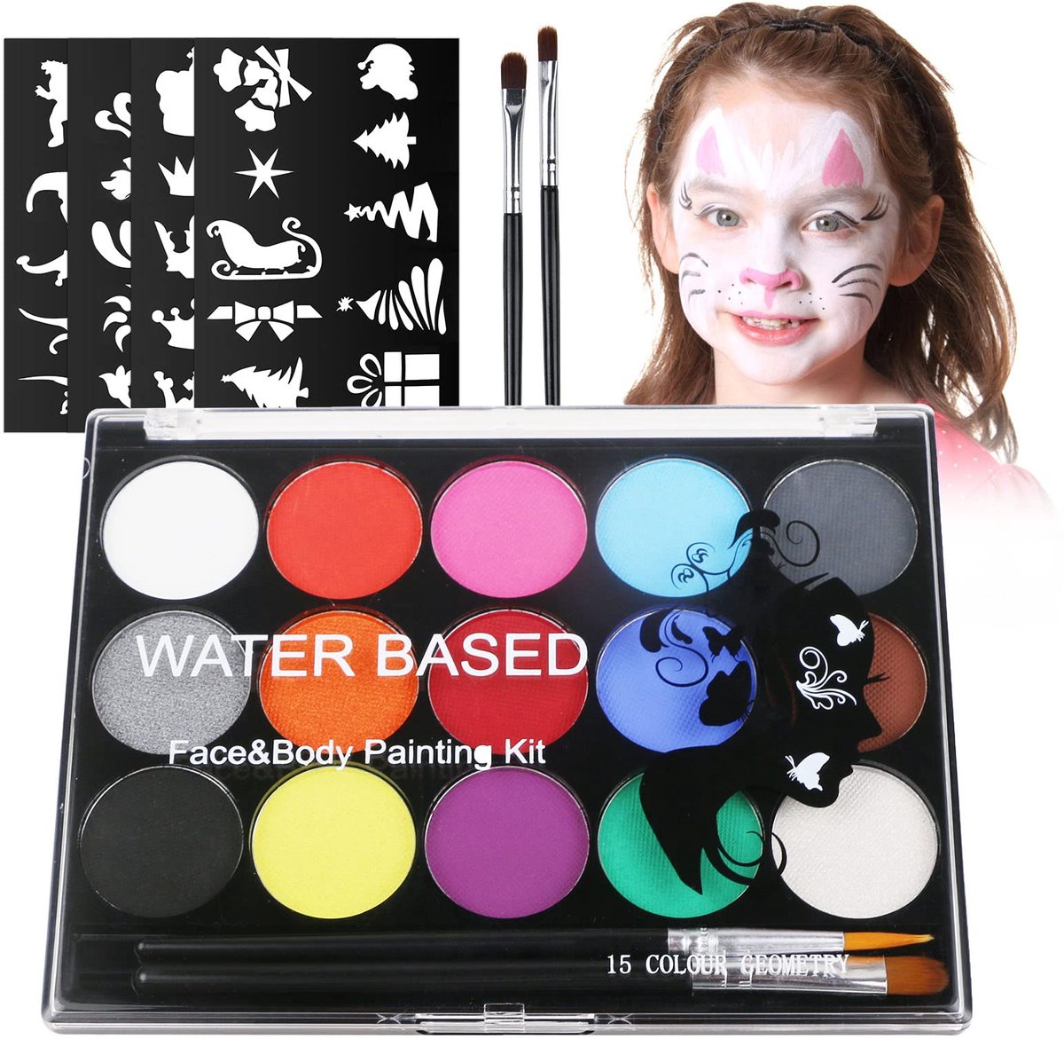 carmdering - Gezichtsschilderij Set - Bodypainting Kit - Halloween Verf - 15 kleuren, wateroplosbaar, hypoallergeen - Veilig voor gevoelige huid - Makkelijk aan te brengen en te verwijderen - Perfect voor feesten, carnaval en kerst - Set van 1