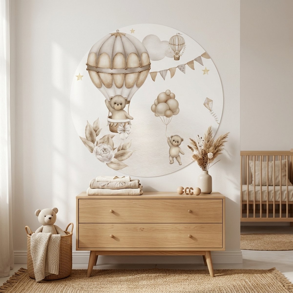 Muurcirkel bear en balloon - beertjes - muurstickers babykamer - kinderkamer - natuurlijk - behangcirkel - 100cm sticker